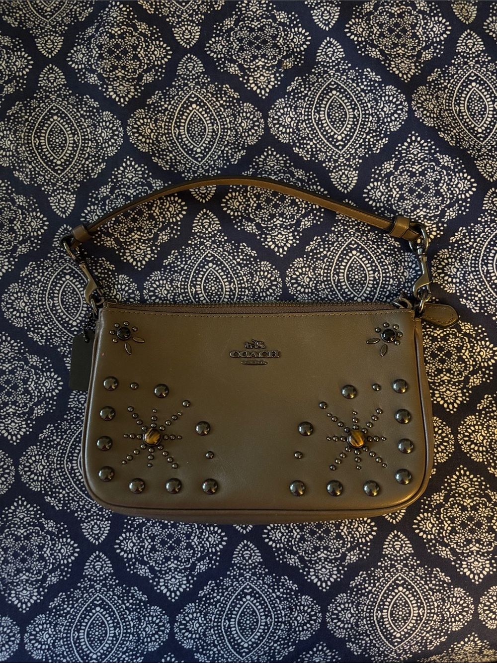 Coach Olive Green Studded Leather Wristlet with Top Strap